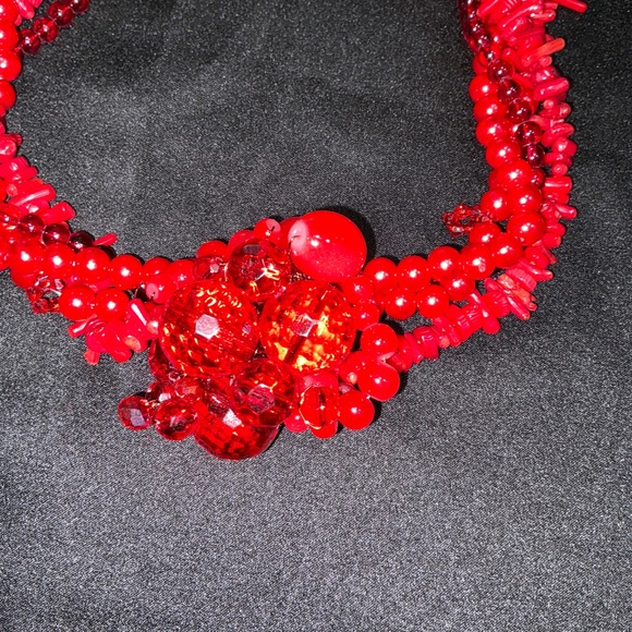 Artisan Red Coral & Glass Statement Necklace – 4-Strand Vintage Materials - Picture 3 of 6
